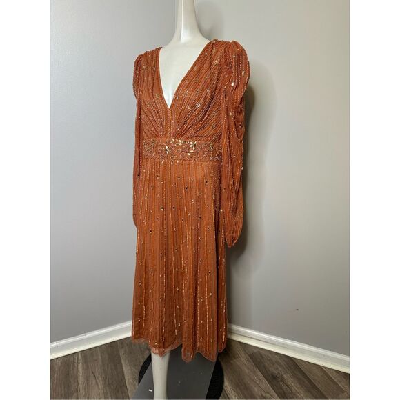 MAC DUGGAL HAND EMBELLISHED V NECK PUFF SLEEVE A LINE DRESS - Picture 7 of 11